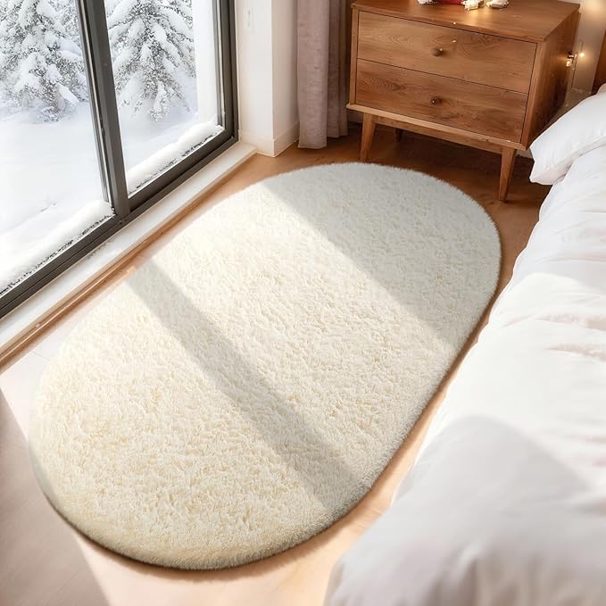 Ophanie 3x5 Oval Rug, Bedside Preppy Dorm Area Rug, College Essentials Non Slip Ivory Small Carpets for Bedroom, Anti Slip Fluffy Living Room Rugs Home Decor Aesthetic, Nursery