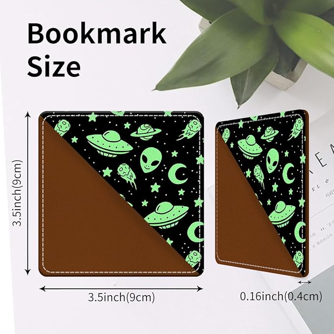 Cute Leather Bookmarks, Fun Triangle Making Corner Bookmark, Book Accessories for Reading Book Lovers, Unbreakable Page Markers for Women Men Cute Green Alien