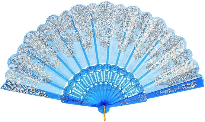 QIRMIZI 10 Pack Folding Handheld Fans,Silk Spanish Fan, Perfect for Weddings, Parties, and Dancing,Light Blue