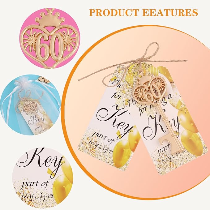 24 Sets 60 Birthday Party Favors Key Bottle Opener, 60th Beer Opener Keychain Favors for Guest with Organza Bags and Tags,Beer Keychain Bottle Openers for Birthday Party Decoration Supplies (gold-60)