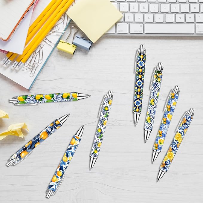 Capri Lemon Pens Set – Mediterranean-Inspired Ballpoint Pens for Girls, Students, and Stationery Lovers – Smooth Writing Pens for School, Journaling, or Gifts – Bright and Elegant Design, 8 Pack