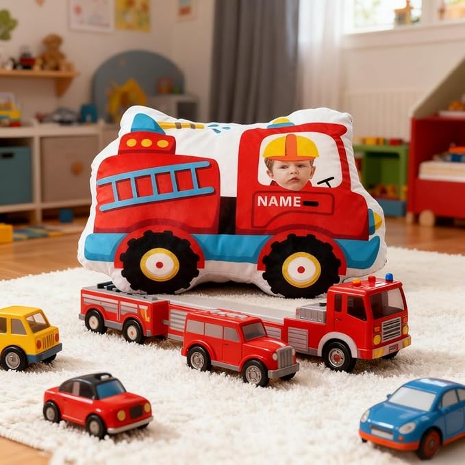Custom Funny Fire Truck Shaped Pillow with Kids Face and Name Personalized Fire Truck Pillow for Boys Customized Soft Plush Pillow for Room Decor Play Perfect Birthday for Kids