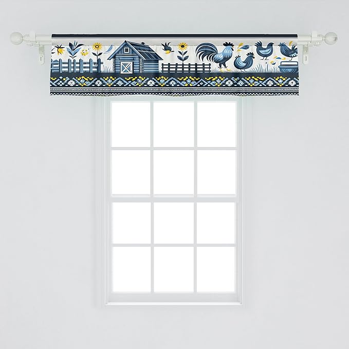 Ambesonne Farmhouse Window Valance Pack of 2, Modern Scandinavian Floral Ornate Barn Scenario Roosters Sunflowers, Rod Pocket Curtain Valances Kitchen Bedroom, 54" X 12",Blue Yellow