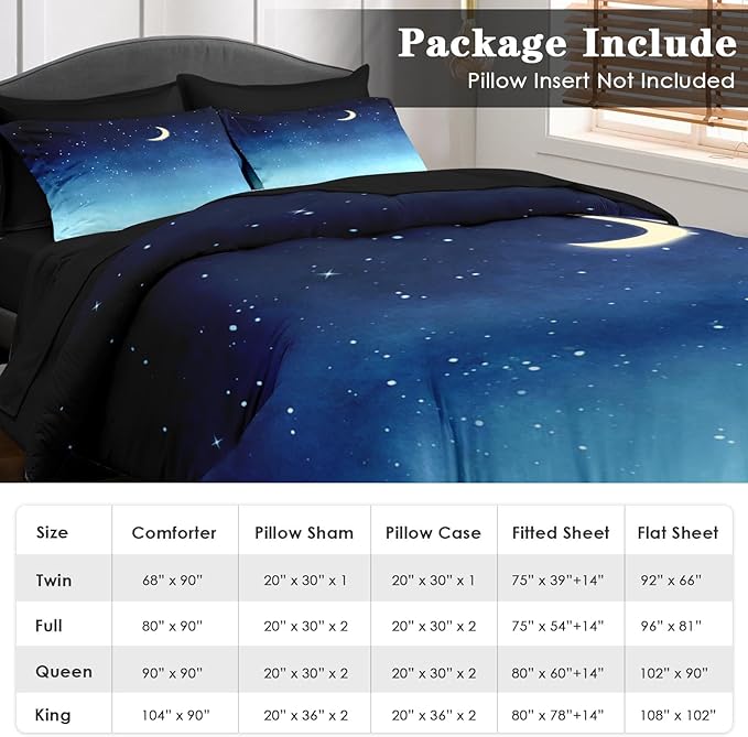 Comforter Set Queen Size, Landscape Night Moon 7 Pcs Bedding for Kids and Adults, Blue Starry Sky Bed Sheet Sets with Fitted Sheet 2 Pillowcases & 2 Shams for Bedroom Bed Decor