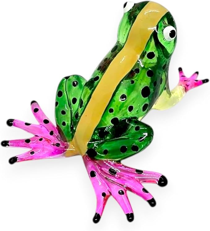 WitnyStore 2⅛" Green Yellow Black Dot Frog Artistic Blown Glass Figurine Premium Hand-Blown Statue Tabletop Decoration Unique Collectible for Adult Collectors Handcrafted Elegant Home Room Decor