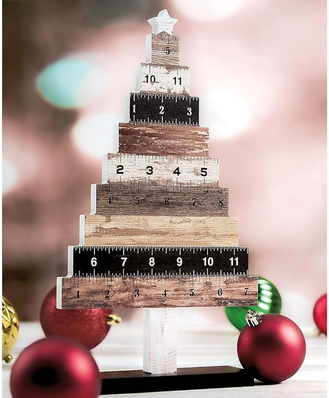 Lillian Vernon Wooden Christmas Ruler Tree Shelf & Table Sitter Sign, Seasonal Tabletop Decorations & Rustic Indoor Home Decor, 12” Tall, MDR & Wood