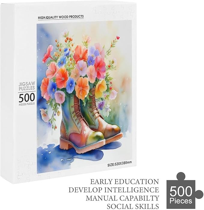 Boot Flowers Wooden Puzzle 500 Pieces Jigsaw Puzzles for Adults Puzzle Educational Toys Challenging Fun Games Gifts for Elders Kids Family and Friends