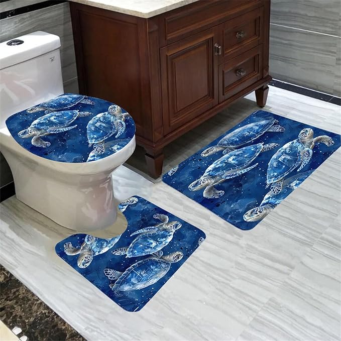 Sea Turtle Shower Curtain - 4 Pcs Turtle Bathroom Shower Curtain Sets with Rug Turtle Shower Curtains for Bathroom Sea Turtle Bathroom Decor for Bathroom Decor with 12 Hooks