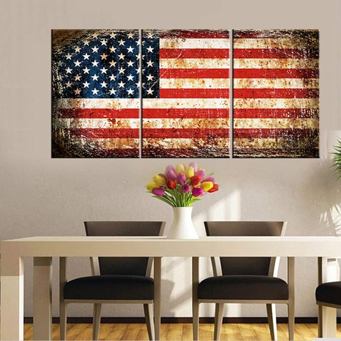 Canvas Wall Art Grunge USA Flag Pictures for Living Room White Red Striped Paintings Patriotism Retro Artwork Giclee Contemporary Home Decor Wooden Framed Ready to Hang Posters and Prints(48''Wx24''H)