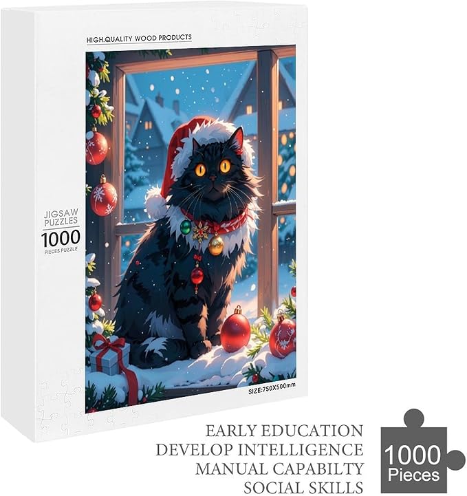 Jigsaw Puzzles for Adults 1000 Piece - Christmas Black Cat Wooden Puzzles, Unique Gifts for Wall Art，Family Puzzles，Educational Games，Challenge Puzzles