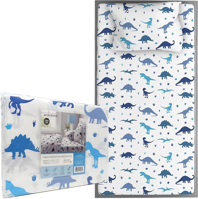 Kids Organic Viscose Derived from Bamboo Sheet Set | Twin or Full Size Fitted Bed Sheets | Oeko-Tex Certified | Cute Toddler Bedding for Girls & Boys Dino Twin