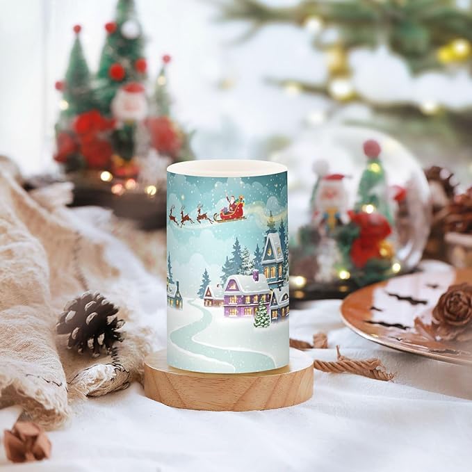ALAZA Santa Reindeer Winter Christmas Scene Snow Flickering Flameless Candles Battery Operated with Remote Timer,Tea Light Candles LED Pillar Votive Candles Set of 2 for Outdoor Indoor Decorations