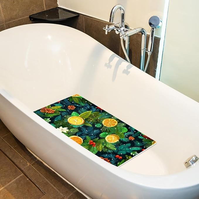 Non Slip Bath Mat for Tub, 15.1 x 26.8 Inch Bathtub Mat Machine Washable Shower Mat with Drain Holes and Suction Cups, Christmas Wreath New Year Pattern