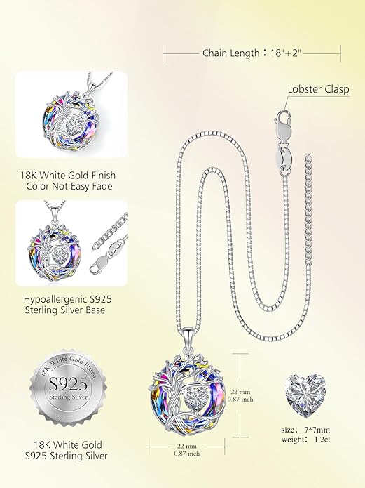 TOUPOP Tree of Life Birthstone Necklace 925 Sterling Silver Pendant Austrian Crystal Jewelry Anniversary Valentine's Day Birthday Gifts for Women Mom Her Wife