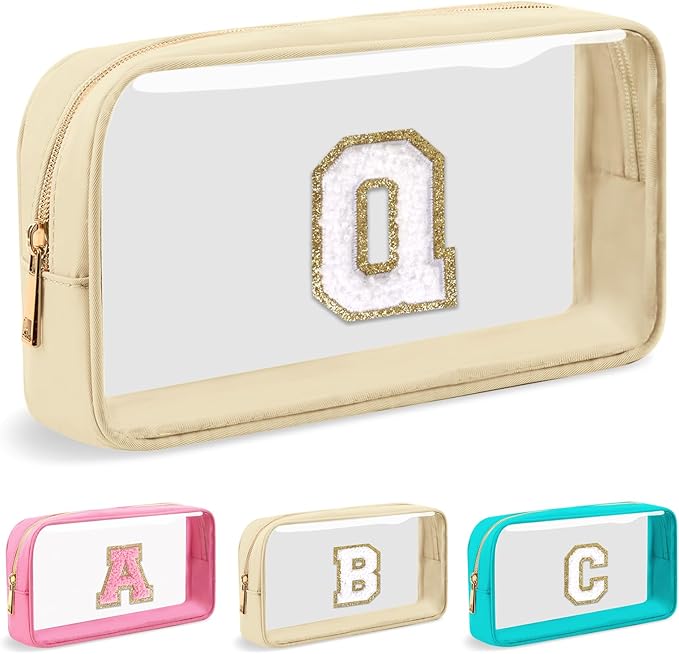 Personalized Initial Letter Clear Makeup Bag,Preppy Small Nylon&PVC Cosmetic Zipper Bag with Chenille Letter,Portable Beach Travel Skincare Toiletry Bag,Trendy Monogram Gift for Teen Girls Women,Q