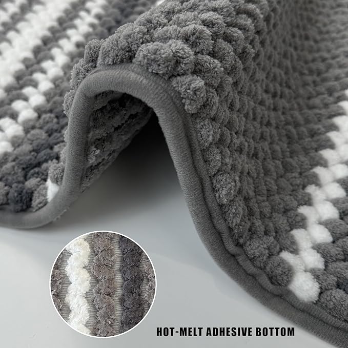 HDFK Bath Mat & Bathroom Rugs, Ultra Soft Looped Chenille Popcorn, Super Absorbent & Non-Slip, Odorless Hot Melt Adhesive Carpet, Striped Shower Rug for Bathtub Floors (32x20 Inch, Black Gray, White)