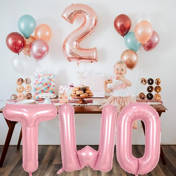 40 Inch Pastel Pink TWO Letter Balloons, Light Pink TWO Balloon Letters with Ribbon, Pearl Pink Alphabet TWO Balloon for Kid Girls 2 Year Old Birthday Second 2nd Anniversary Party Decorations