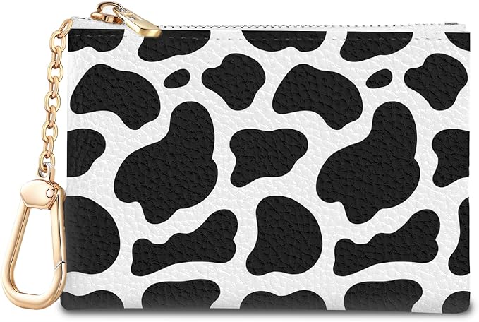 Cow Keychain Coin Purse for Women, Small PU Leather Change Pouch, Zipper Little Tiny Travel Wallet for Girls, Cute Kawaii Zip Pocket Coin Holder with Key Ring