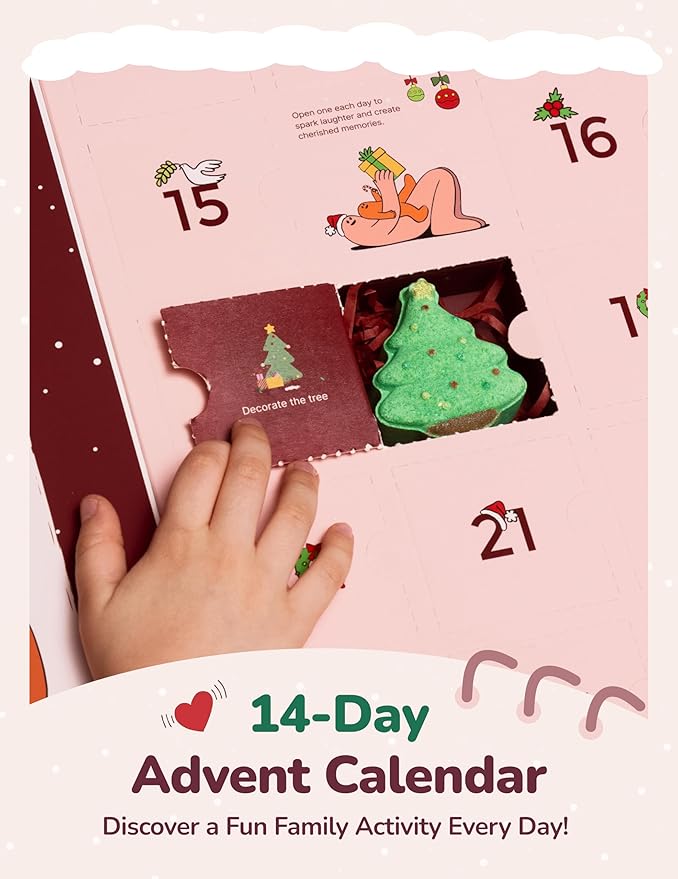 Momcozy & BIG HUGS 14Pcs Christmas Bath Bombs Set of Countdown Calendar Mystery Box, 14 Days of Surprise Bath Bombs & Family Fun, Ideal Christmas Gifts for Kids Boys Girls Toddlers