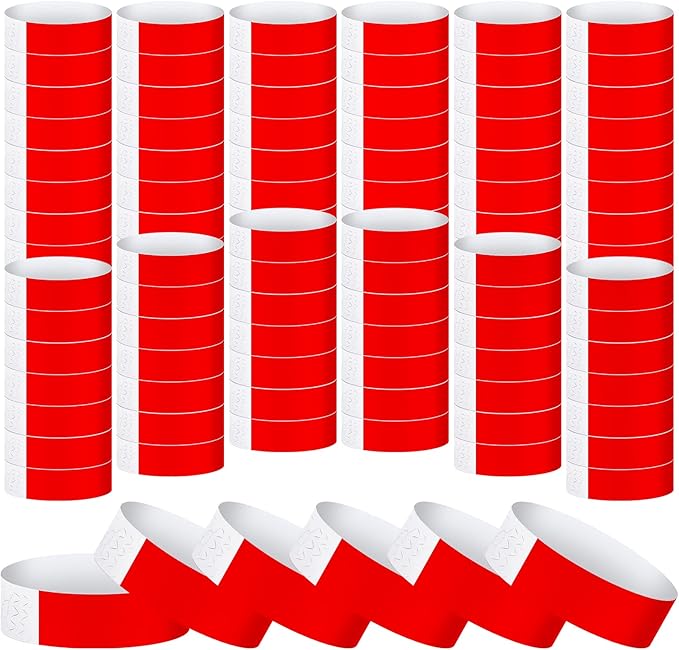 Tudomro 1200 Pack Plastic Paper Wristbands for Events Neon Party Wrist Bands Colored Waterproof Concert Identification Hand Bands Lightweight Adhesive Wristband(Red)