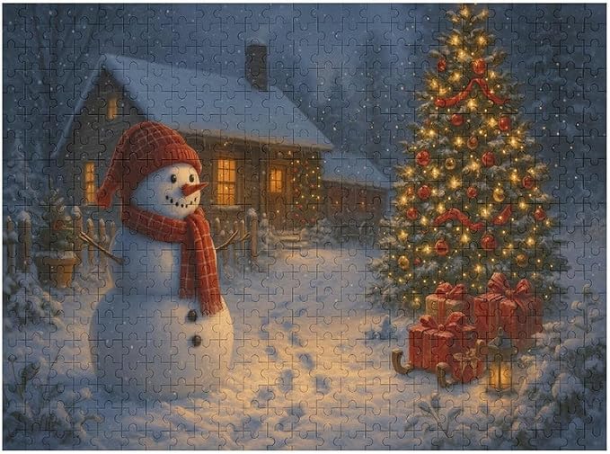 Christmas Tree Snowman 1000-Piece Wooden Jigsaw Puzzle, Holiday Puzzle, Snowman and Christmas Tree Scene, Indoor Entertainment, Family Fun, Relaxing Puzzle Activity