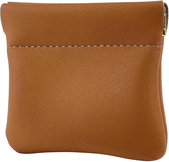 Squeeze Coin Purse Genuine Leather Wallet Compact Change Holder Travel Pouch for Women Gift Box (Brown)