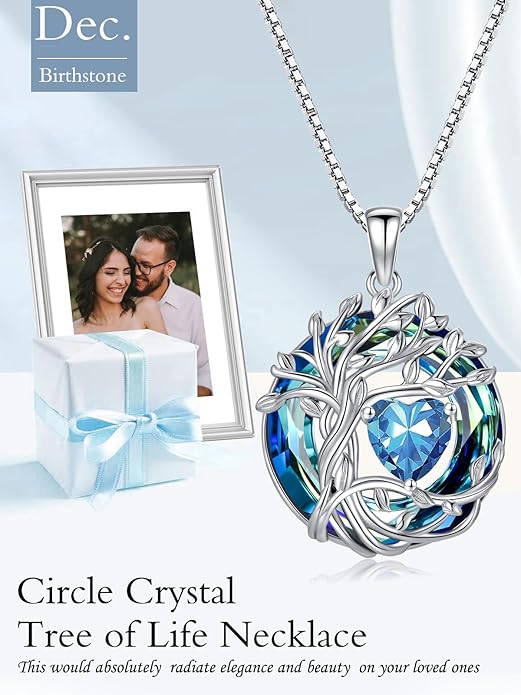TOUPOP Tree of Life Birthstone Necklace 925 Sterling Silver Pendant Austrian Crystal Jewelry Anniversary Valentine's Day Birthday Gifts for Women Mom Her Wife