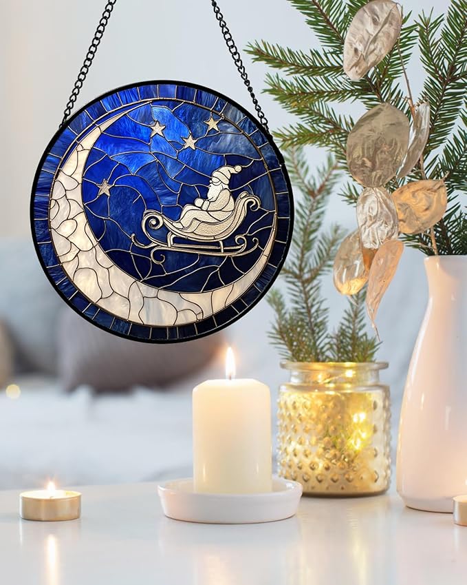 Stained Glass Window Hangings - Blue White Moon Stars Suncatcher for Door Home Christmas Decor Dream Sun Catcher Thanksgiving New Year Birthday Gifts for Women Men Mom Nana 9.8 in