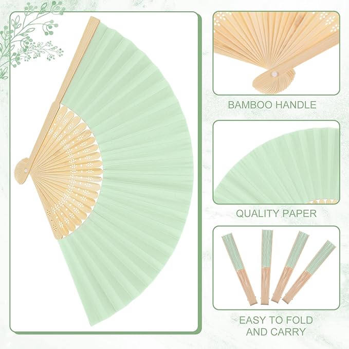 Yinkin 24 Pack Folding Fans Bamboo Handheld Folded Craft Hand Japanese Chinese Fans for Weddings Bridal Dancing Church DIY Decoration Women Gift Party Favors (Light Green)