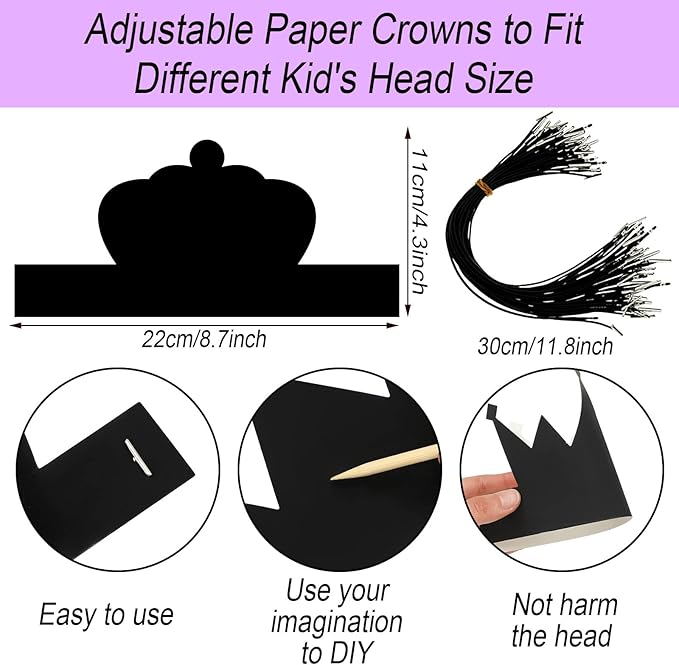 Yinder 130 Pcs Crown Party Favors Halloween DIY Crafts Set 48 Scratch Paper Crowns Headband Hats 24 Wooden Styluses 48 Elastic Bands 10 Sheet Colorful Gem Jewel Stickers