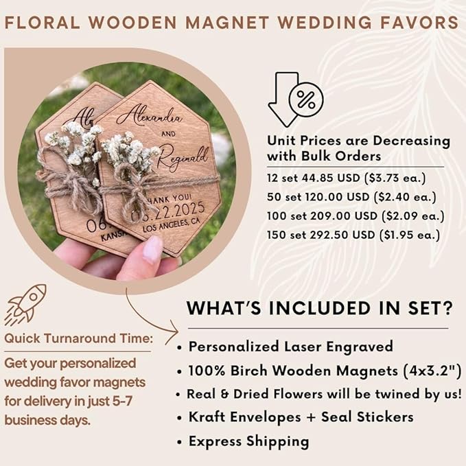 Wooden-Floral Personalized Wedding Favors for Guests, Wedding Party Favors Magnets with Envelopes and Stickers, Pack of 12 to 300