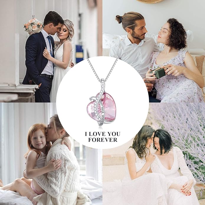 AOBOCO I Love You Sterling Silver 12 Birthstone Heart Pendant Necklace Embellished with Crystals from Austria, Mother's Day Anniversary Birthday Jewelry Christmas Gifts for Women Grandma Nana