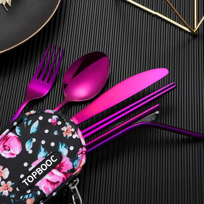 Travel Utensils,Reusable Silverware Set To Go Portable Cutlery Set with a Waterproof Carrying Case for Lunch Boxes Workplace Camping Picnic (Purple)