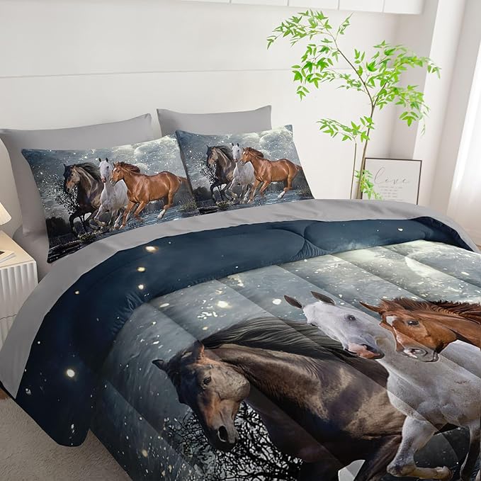 7Pcs Comforter Set 3D Western Horses Printed Bedding Set with 1 Comforter, 1 Flat Sheet, 1 Fitted Sheet and 4 Pillowcases for Boys and Girls Bedroom All Season(Horses Full)