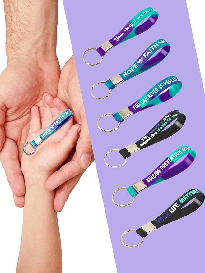 36pcs Suicide Prevention Awareness Silicone Keychains Purple Teal Ribbon Inspirational Rubber Keychains for Suicide Prevention Awareness Motivational Favor Charity Campaign Supplies