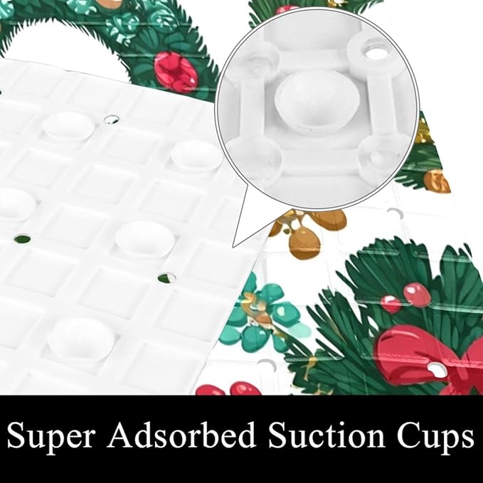 Christmas Wreath New Year Tree Decorations Bath Tub and Shower Mats, Non Slip Bathmat with Drain Holes and Suction Cups for Bathroom Floor, 15.1 x 26.8 Inch