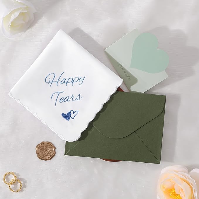 Wedding Handkerchief Something Blue for Bride, Mother Father of the Brides Groom Gifts, Embroidered Happy Tears Cotton Hanky