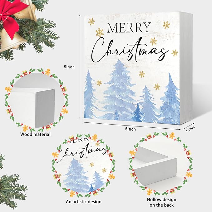 Mtrgdn Blue Christmas Decor Wooden Box Sign,Rustic Merry Christmas Sign for Bedroom Bathroom Home Office Desk Shelf Wall Decor,Blue Xmas Tree Decorations Gifts for Women Girls,5x5 Inch