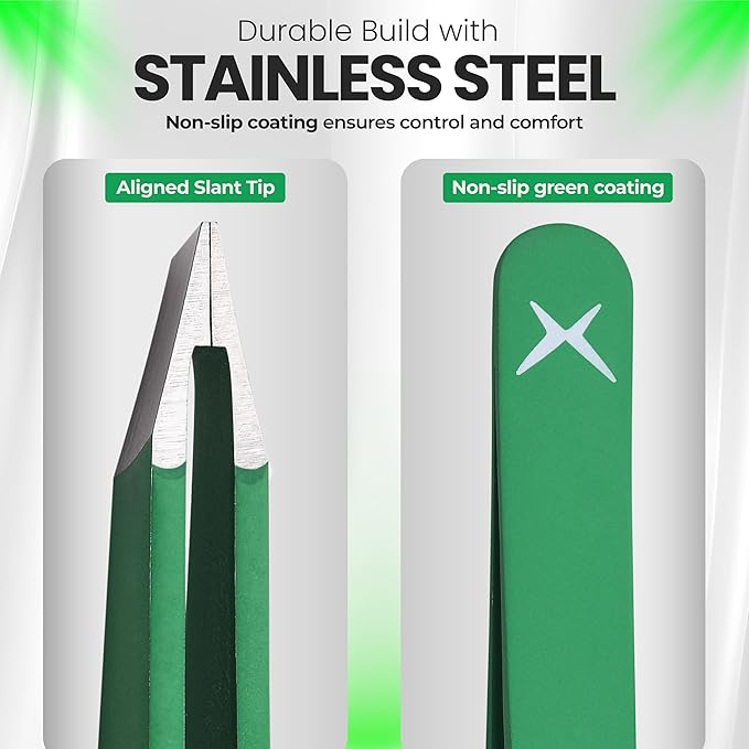 Slanted Stainless Steel Tweezers for Men & Women - Precision Eyebrow Tweezers for Facial Hairs, Strong Grip, Fine Tip, Professional Tweezer for Plucking & Grooming (Matte Forest Green)