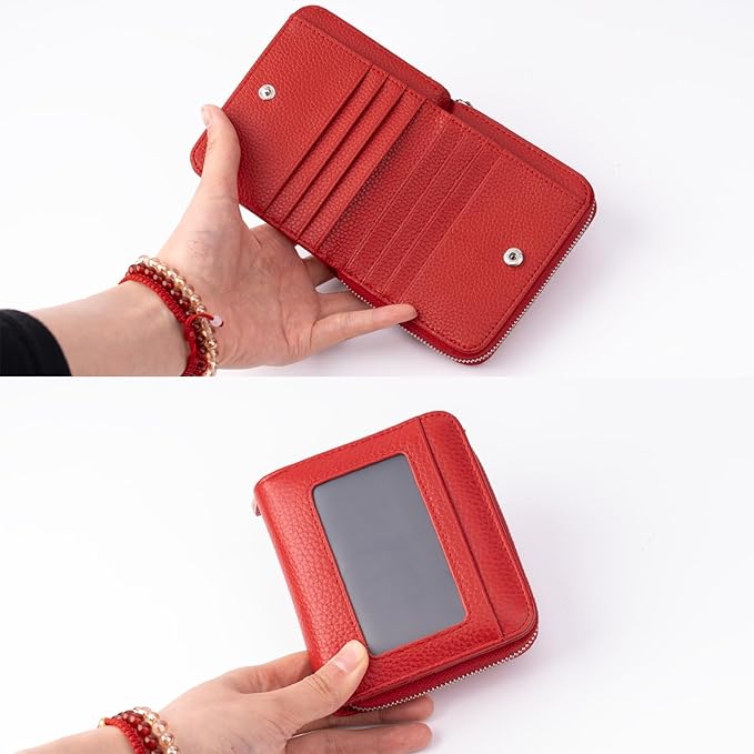 Genuine Small Wallet for Women, Slim RFID Blocking Credit Card Holder with ID Window, Compact Purses for Women with 10 Card Slots