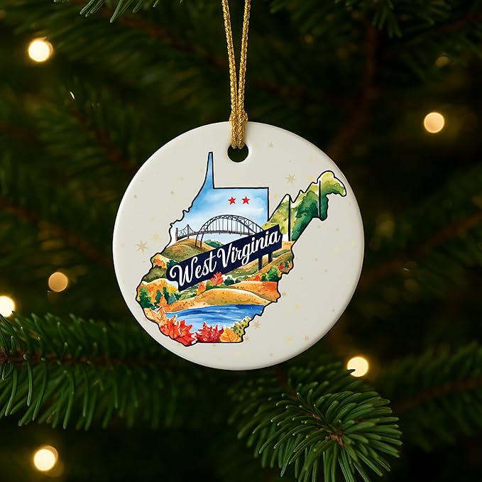 USA State Landmark Ceramic Ornament – Round Glossy Christmas Decoration Featuring U.S. State Art, Landmarks & Holiday Scenery – Collectible Travel Souvenir Ornament Series (West Virginia)
