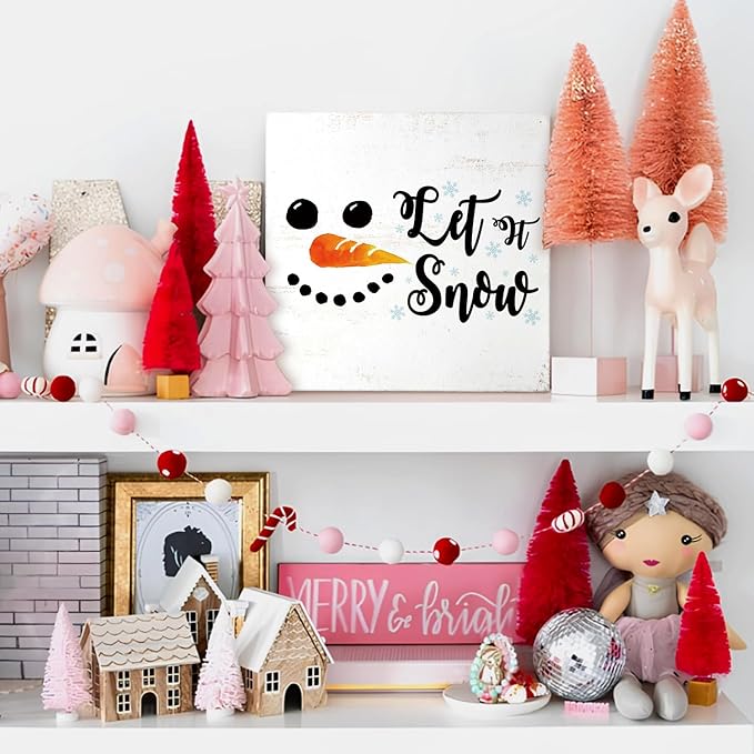 Mtrgdn Christmas Snowman Decor Sign,Winter Snowman Decorations Let's Snow Sign Wood Box Signs,Winter Christmas Signs for Home Bathroom Bedroom Kitchen Office Desk Table Shelf Wall Decor,5x5 Inch