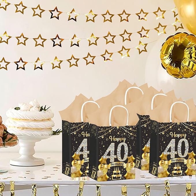 50Pcs 40th Birthday Party Favors Gift Bags Bulk, Black and Gold Happy 40th Gift Candy Wrap Bags with Tissue Paper, Vintage 40th Birthday Decorations Souvenir Bag for Men Women Anniversary Supplies (40th)
