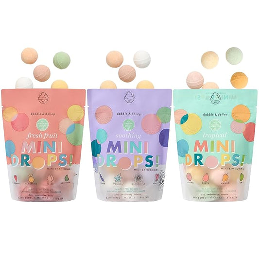 Dabble & Dollop Mini Bath Bombs, 100% Natural Droplets for Kids, Variety Pack - Resealable Pouches, Fizzy, Moisturizing & Fun, Vegan, Gluten-Free, Cruelty-Free (Set of 36)