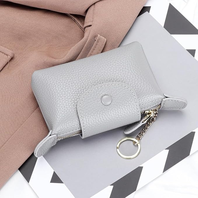 Genuine Leather Wallet Zipper Coin Purse Key Ring Card Organizer Compact Storage for Women (Grey)