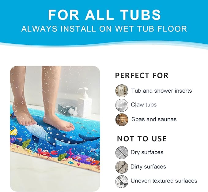 XIYUNTE Baby Bath Mat for Tub Non Slip Kids Bath Mat - 40''x16'' Extra Long Cartoon Whale Baby Bath Tub Mat Eco-Friendly Toddler Bath Mats with Suction Cups & Drain Holes, Easy to Clean & Easy Drying