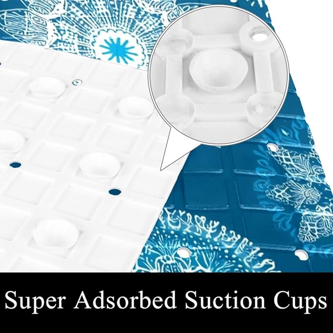 Seamless Christmas Blue Snowflakes Bath Tub and Shower Mats, Non Slip Bathmat with Drain Holes and Suction Cups for Bathroom Floor, 15.1 x 26.8 Inch