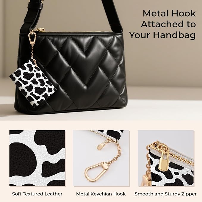 Cow Keychain Coin Purse for Women, Small PU Leather Change Pouch, Zipper Little Tiny Travel Wallet for Girls, Cute Kawaii Zip Pocket Coin Holder with Key Ring
