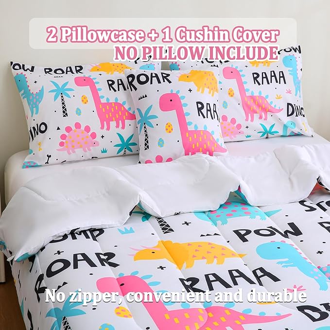 6 Pcs Bed in A Bag Dinosaur Bedding Full Comforter Set for Girls,Pink Dinosaur Bedding Sets with Sheets for Kids