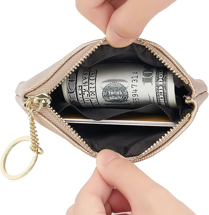 WOZEAH Artificial Leather Coin Purse Change Purse With Key Chain Ring Zipper For Men Women (Gold)